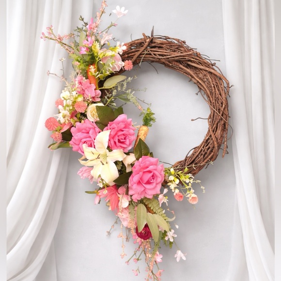 AJSOUTHERNCHARMLLC Other - Spring Floral Grapevine Wreath Pink Rose Peony Lily Garden Front Door Decor 22”